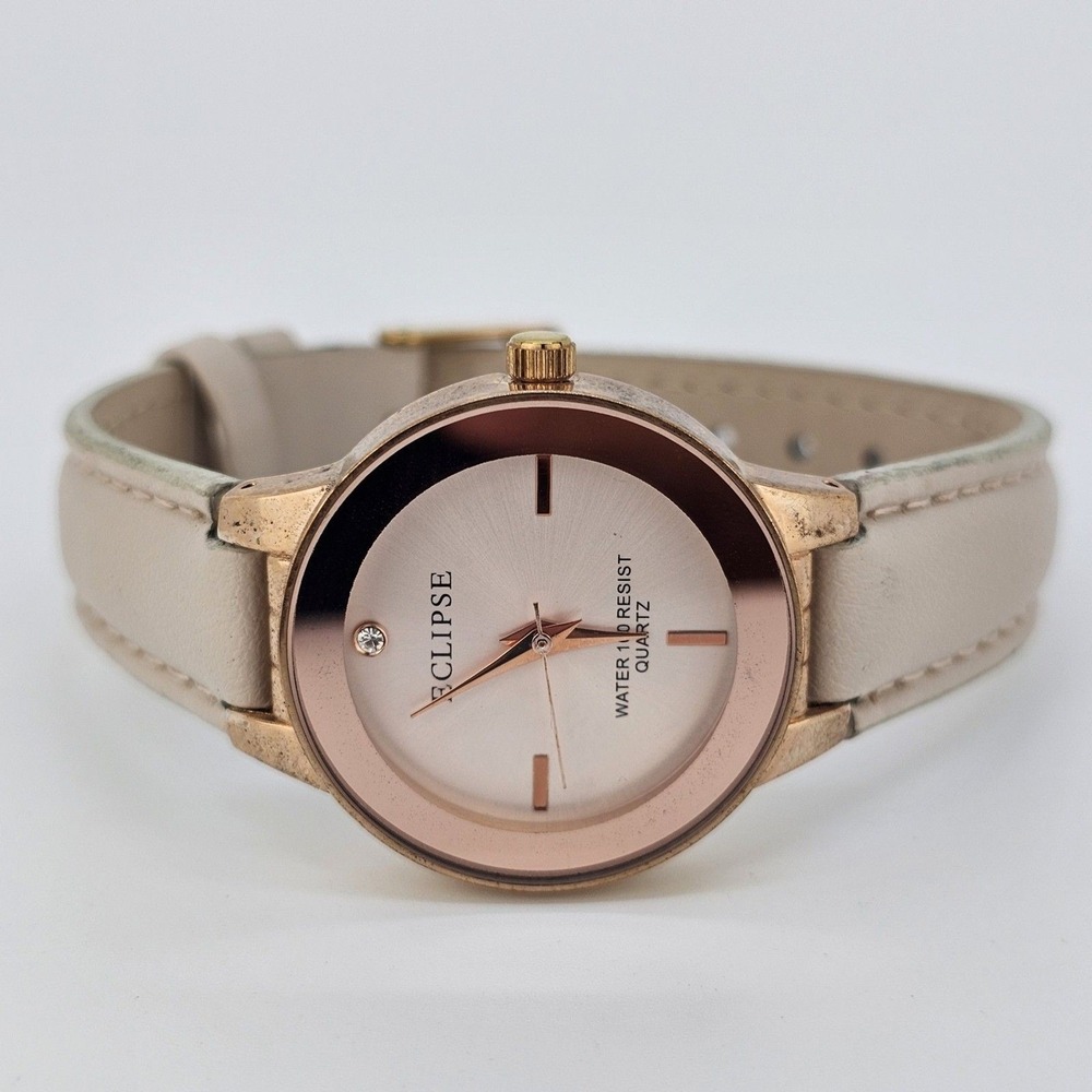 Eclipse Women's Watch 30MM Gold Dial‎ Cream Leather Bands Straps New Battery